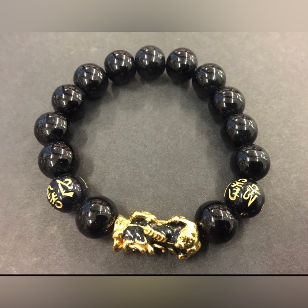 Pi Xiu Feng Shui Good Luck Bracelet, Pixiu & Obsidian 10mm Bead Chinese Dragon